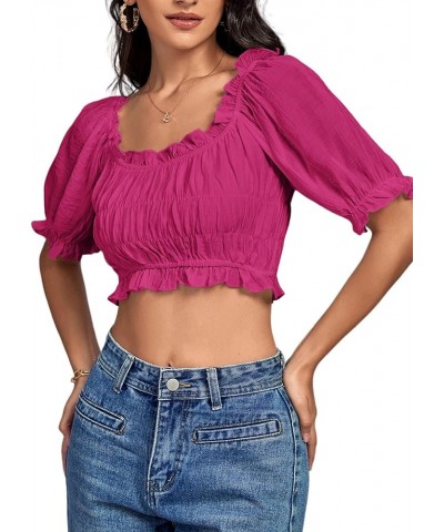 Women's Off Shoulder Ruffle Trim Ruched Short Sleeve Blouse Crop Top Rose $16.49 Blouses