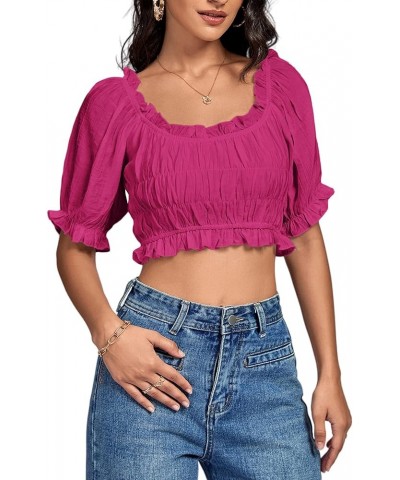 Women's Off Shoulder Ruffle Trim Ruched Short Sleeve Blouse Crop Top Rose $16.49 Blouses