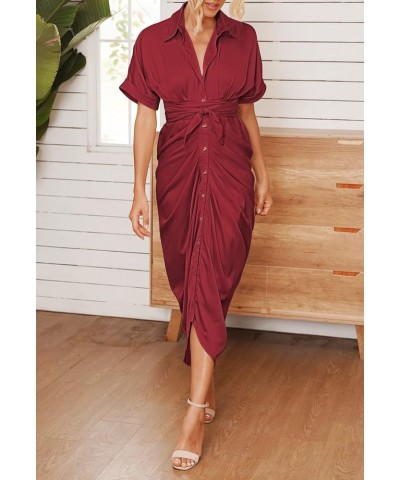 Women Elegant Satin Short Sleeve Ruched Maxi Button Down Shirt Dress with Belt Ruby $25.92 Dresses