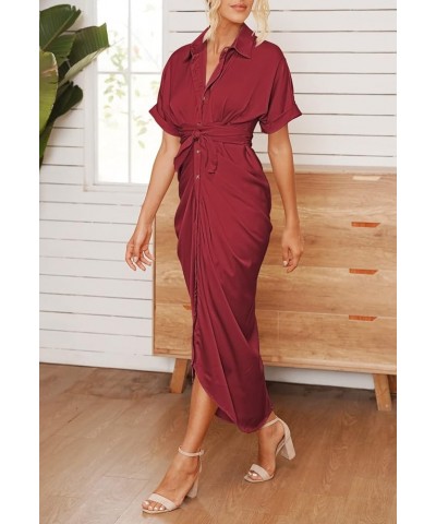 Women Elegant Satin Short Sleeve Ruched Maxi Button Down Shirt Dress with Belt Ruby $25.92 Dresses