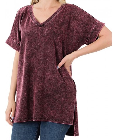 Women's Short Sleeve V Neck Mineral Wash Cotton T Shirt Top Blouse Tunic S-3XL Dark Burgundy $15.29 Tops