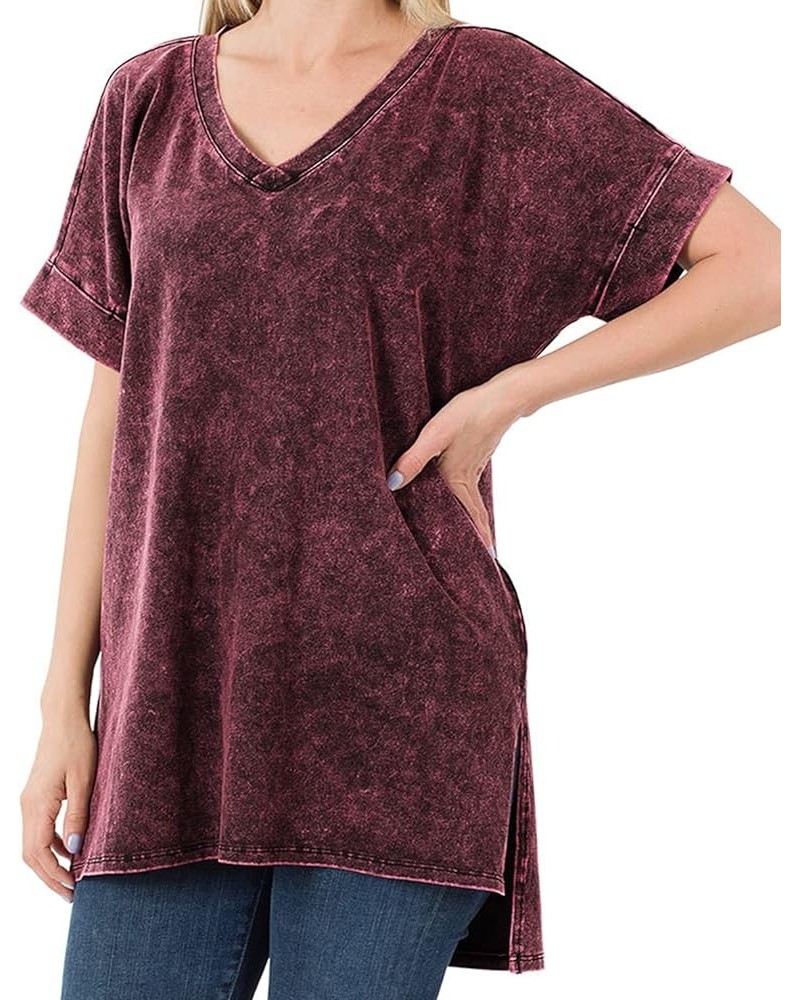 Women's Short Sleeve V Neck Mineral Wash Cotton T Shirt Top Blouse Tunic S-3XL Dark Burgundy $15.29 Tops