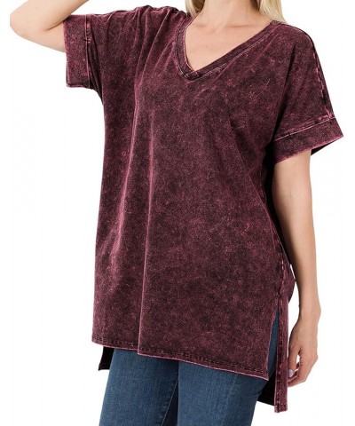 Women's Short Sleeve V Neck Mineral Wash Cotton T Shirt Top Blouse Tunic S-3XL Dark Burgundy $15.29 Tops