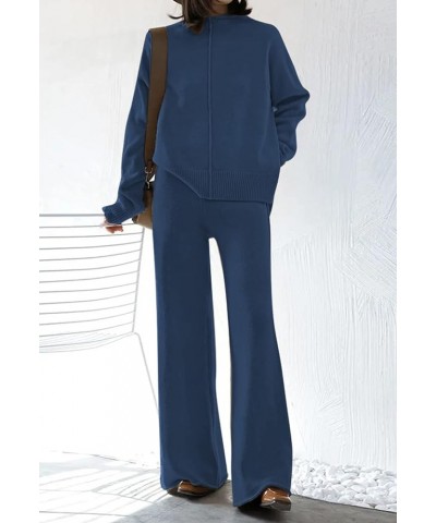 Women's 2 Piece Outfits Lounge Sets Long Sleeve High Neck Sweater Pullover Top Wide Leg Pants Sweatsuit Sets Blue $20.80 Acti...