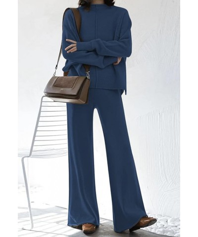 Women's 2 Piece Outfits Lounge Sets Long Sleeve High Neck Sweater Pullover Top Wide Leg Pants Sweatsuit Sets Blue $20.80 Acti...