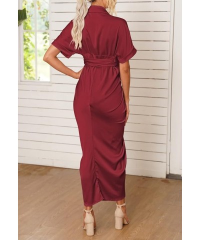 Women Elegant Satin Short Sleeve Ruched Maxi Button Down Shirt Dress with Belt Ruby $25.92 Dresses