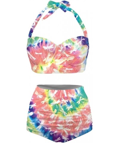 Women Bikini Set Two Piece Swimsuit High Waisted Halter Back Tie Bathing Suit Rainbow Tie-dye $14.35 Swimsuits