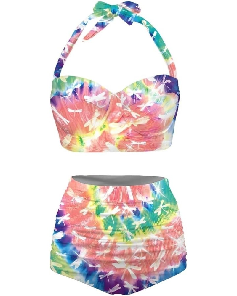 Women Bikini Set Two Piece Swimsuit High Waisted Halter Back Tie Bathing Suit Rainbow Tie-dye $14.35 Swimsuits