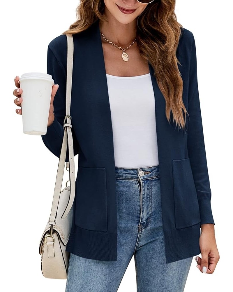 Womens Cardigan Sweater Long Sleeve Open Front Knit Cardigan Sweater with Pockets Dark Blue $18.18 Sweaters