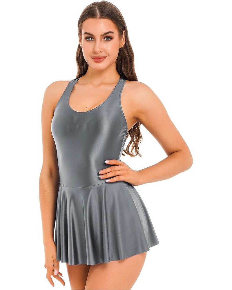 Womenâ€™s Glossy Tennis Golf Dress Sleeveless Racerback Sports Bodysuit Athletic Dresses Dark Gray $9.21 Activewear