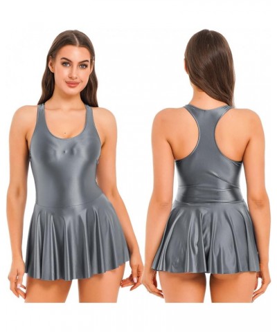 Womenâ€™s Glossy Tennis Golf Dress Sleeveless Racerback Sports Bodysuit Athletic Dresses Dark Gray $9.21 Activewear