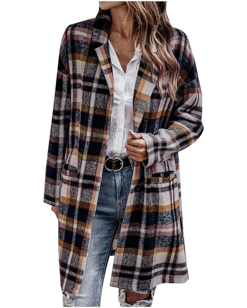 Jackets for Women Casual Plaid Printing Coats Long Sleeves Outerwear with Pockets 2023 Open Front Loose Trench A09-khaki $9.8...