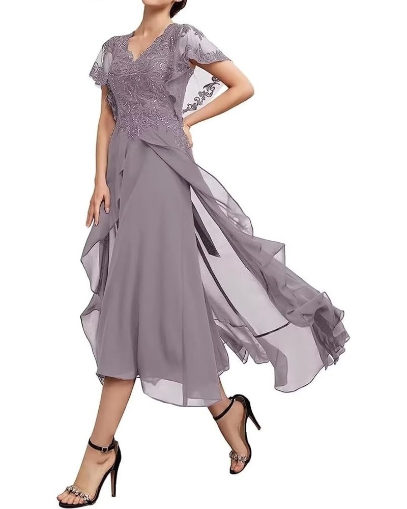 Tea Length Mother of The Bride Dresses for Wedding Ruffle Sleeves Formal Dresss Lace Wedding Dress Mauve $36.00 Dresses