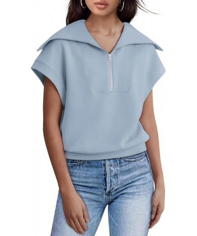 Womens Tops Short Sleeve Shirts Half Zip Sweatshirt Summer Clothes 2024 Fashion Blue Grey $17.97 Hoodies & Sweatshirts