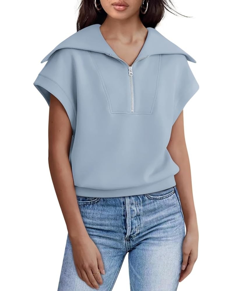 Womens Tops Short Sleeve Shirts Half Zip Sweatshirt Summer Clothes 2024 Fashion Blue Grey $17.97 Hoodies & Sweatshirts