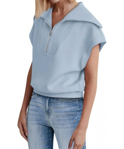 Womens Tops Short Sleeve Shirts Half Zip Sweatshirt Summer Clothes 2024 Fashion Blue Grey $17.97 Hoodies & Sweatshirts