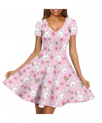 Summer Dress Women Beach V-Neck Sundresses Girls Skirts Casual Short Sleeve Novelty Swing Midi Dress Flower Rabbits $15.51 Dr...