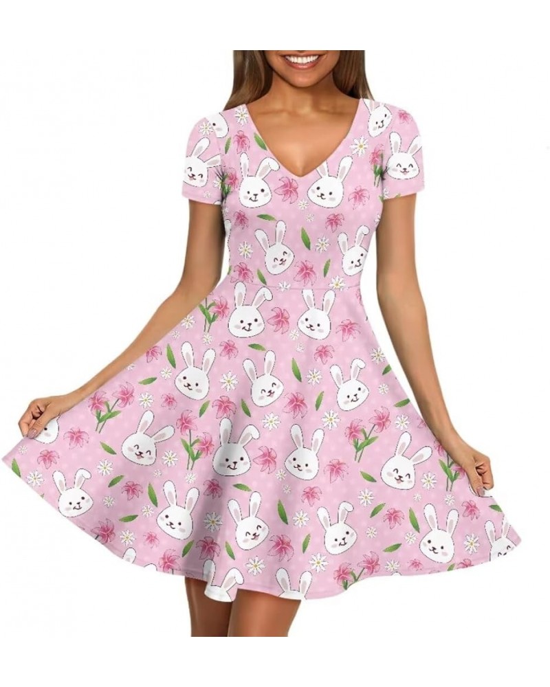 Summer Dress Women Beach V-Neck Sundresses Girls Skirts Casual Short Sleeve Novelty Swing Midi Dress Flower Rabbits $15.51 Dr...