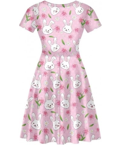 Summer Dress Women Beach V-Neck Sundresses Girls Skirts Casual Short Sleeve Novelty Swing Midi Dress Flower Rabbits $15.51 Dr...