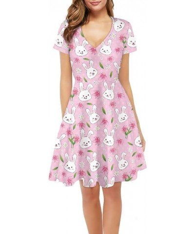 Summer Dress Women Beach V-Neck Sundresses Girls Skirts Casual Short Sleeve Novelty Swing Midi Dress Flower Rabbits $15.51 Dr...