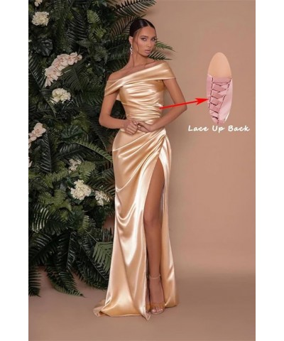 Women's Satin Bridesmaid Dresses Long Off The Shoulder Mermaid Prom Dress with Slit Formal Gowns Champagne $28.60 Dresses