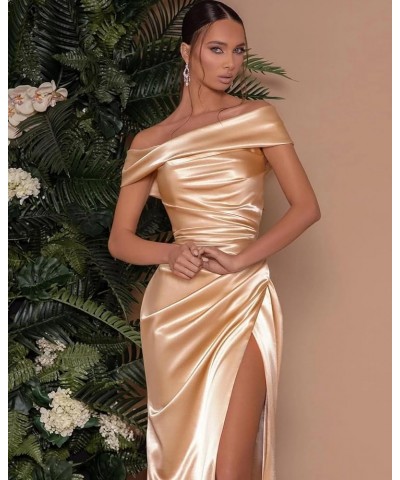 Women's Satin Bridesmaid Dresses Long Off The Shoulder Mermaid Prom Dress with Slit Formal Gowns Champagne $28.60 Dresses