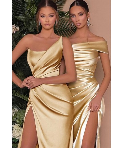 Women's Satin Bridesmaid Dresses Long Off The Shoulder Mermaid Prom Dress with Slit Formal Gowns Champagne $28.60 Dresses