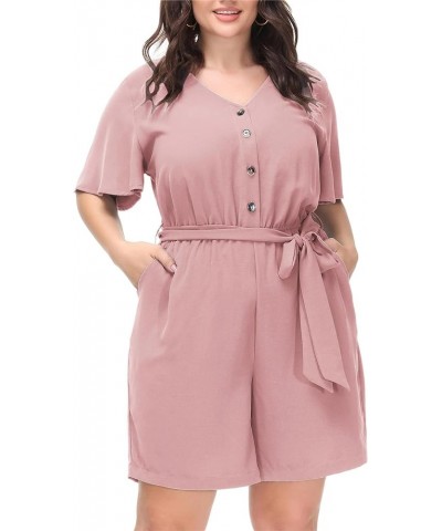 Women's Plus Size Summer Short Sleeve Button Down Pockets Jumpsuit Casual Rompers with Belt Pink $21.50 Rompers