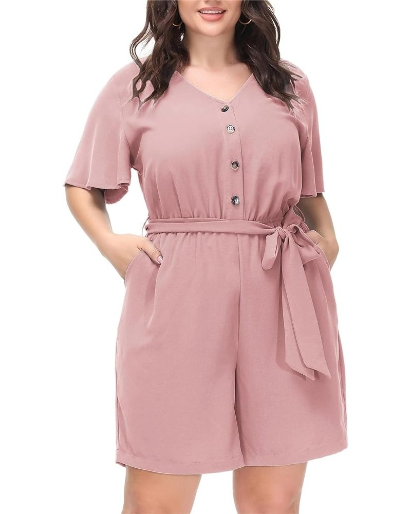 Women's Plus Size Summer Short Sleeve Button Down Pockets Jumpsuit Casual Rompers with Belt Pink $21.50 Rompers