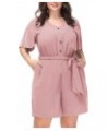 Women's Plus Size Summer Short Sleeve Button Down Pockets Jumpsuit Casual Rompers with Belt Pink $21.50 Rompers