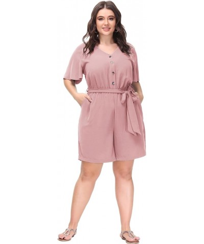 Women's Plus Size Summer Short Sleeve Button Down Pockets Jumpsuit Casual Rompers with Belt Pink $21.50 Rompers