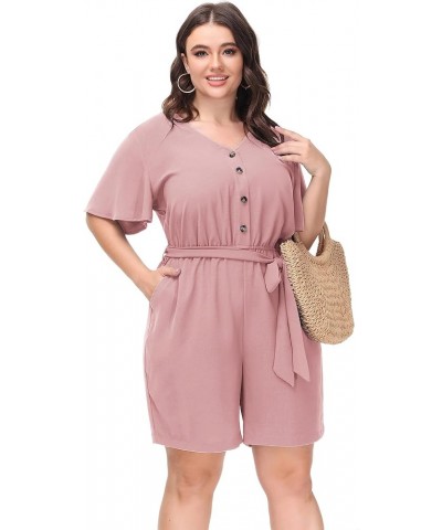 Women's Plus Size Summer Short Sleeve Button Down Pockets Jumpsuit Casual Rompers with Belt Pink $21.50 Rompers