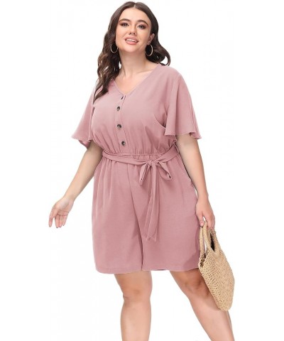 Women's Plus Size Summer Short Sleeve Button Down Pockets Jumpsuit Casual Rompers with Belt Pink $21.50 Rompers