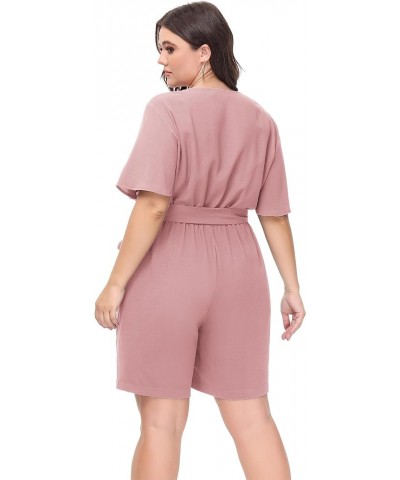 Women's Plus Size Summer Short Sleeve Button Down Pockets Jumpsuit Casual Rompers with Belt Pink $21.50 Rompers