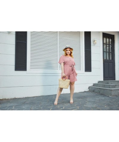 Women's Plus Size Summer Short Sleeve Button Down Pockets Jumpsuit Casual Rompers with Belt Pink $21.50 Rompers