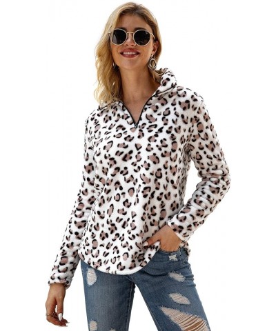 Women's Long Sleeve Leopard Print Sweatshirt V Neck Quarter Zip Fleece Pullover Tops White $10.43 Hoodies & Sweatshirts