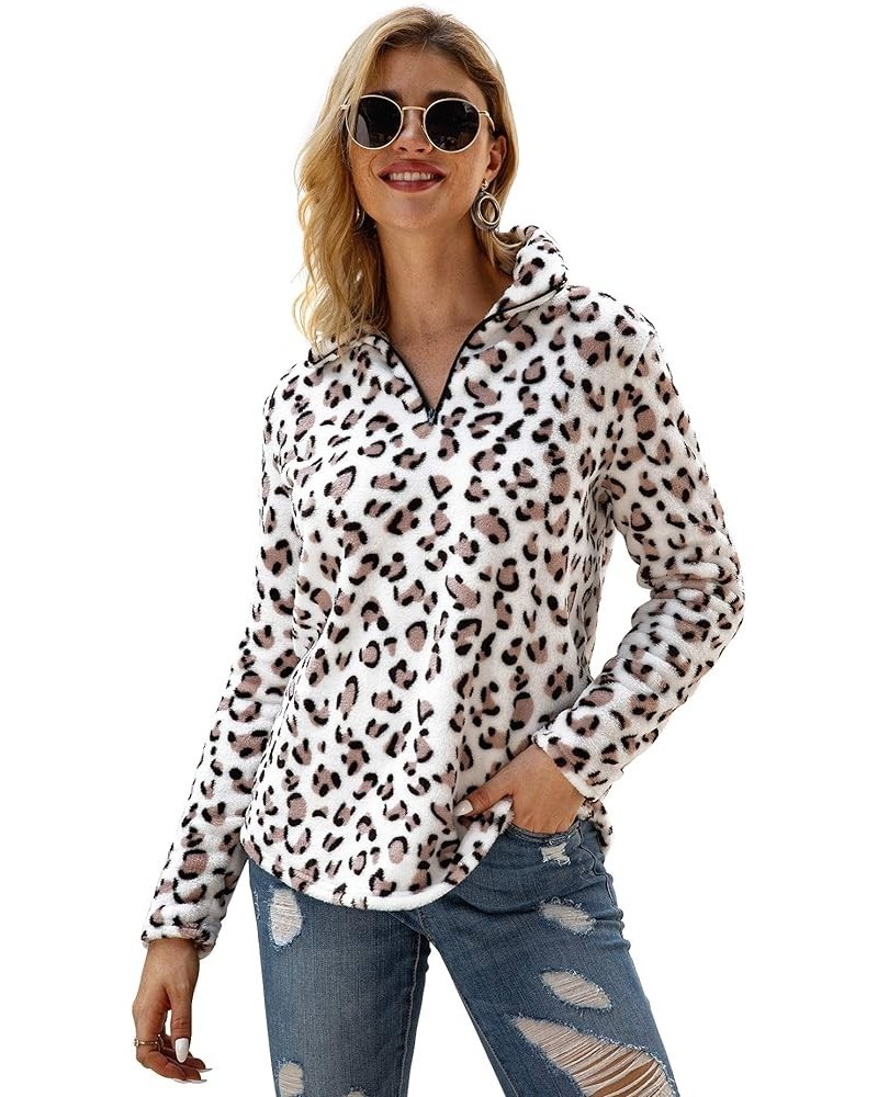 Women's Long Sleeve Leopard Print Sweatshirt V Neck Quarter Zip Fleece Pullover Tops White $10.43 Hoodies & Sweatshirts