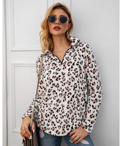 Women's Long Sleeve Leopard Print Sweatshirt V Neck Quarter Zip Fleece Pullover Tops White $10.43 Hoodies & Sweatshirts