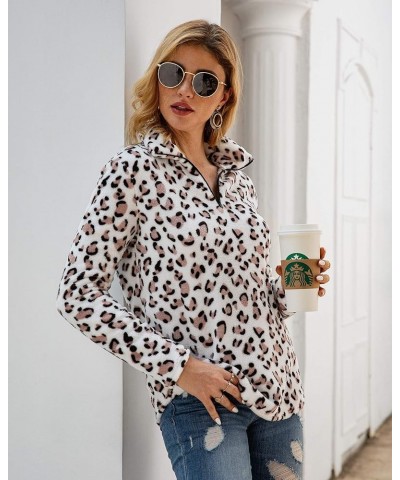 Women's Long Sleeve Leopard Print Sweatshirt V Neck Quarter Zip Fleece Pullover Tops White $10.43 Hoodies & Sweatshirts