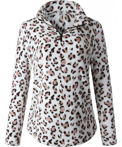 Women's Long Sleeve Leopard Print Sweatshirt V Neck Quarter Zip Fleece Pullover Tops White $10.43 Hoodies & Sweatshirts