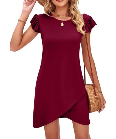 Women's Round Neck Ruffle Cap Sleeve Wrap Hem A-Line Bodycon Mini Short Dress Burgundy $8.09 Dresses