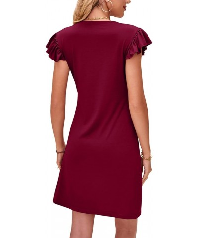 Women's Round Neck Ruffle Cap Sleeve Wrap Hem A-Line Bodycon Mini Short Dress Burgundy $8.09 Dresses