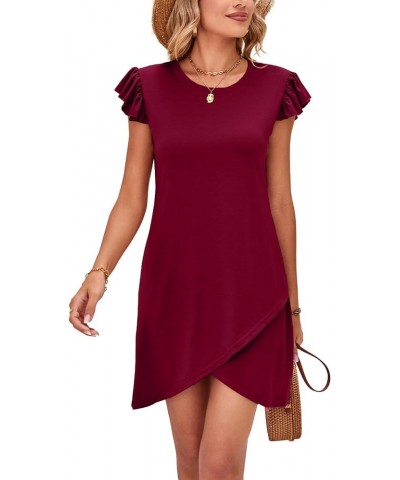 Women's Round Neck Ruffle Cap Sleeve Wrap Hem A-Line Bodycon Mini Short Dress Burgundy $8.09 Dresses