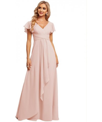 Women's Chiffon Bridesmaid Dresses with Ruffles Sleeves Pleated Long Formal Party Dress with Pockets Blush Pink $22.50 Dresses