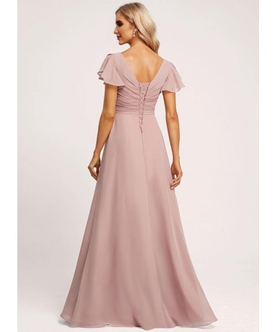 Women's Chiffon Bridesmaid Dresses with Ruffles Sleeves Pleated Long Formal Party Dress with Pockets Blush Pink $22.50 Dresses