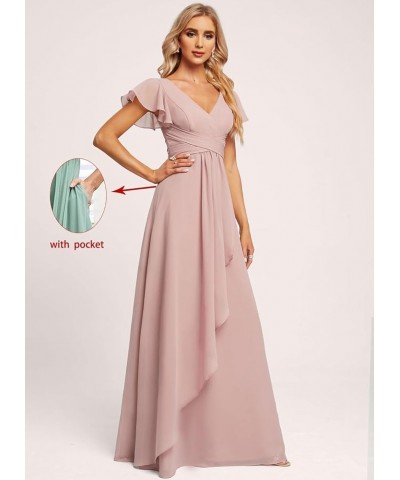 Women's Chiffon Bridesmaid Dresses with Ruffles Sleeves Pleated Long Formal Party Dress with Pockets Blush Pink $22.50 Dresses