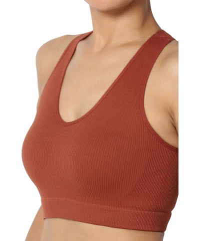 Basic Solid Halter Seamless Ribbed Stretch Crop Cami Tank Top Bralette Dark Rust $10.79 Tanks