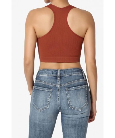 Basic Solid Halter Seamless Ribbed Stretch Crop Cami Tank Top Bralette Dark Rust $10.79 Tanks