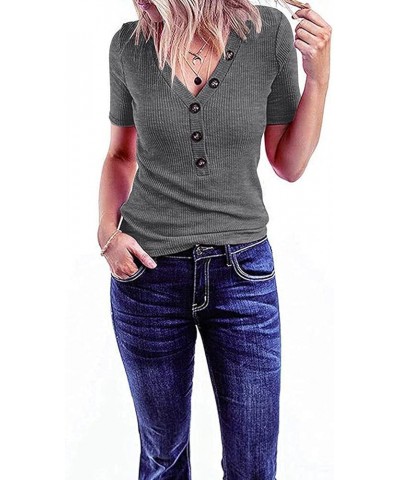 Women's Short Sleeve V Neck Ribbed Button Tops Basic Solid Color Tee Shirts Grey $17.91 T-Shirts