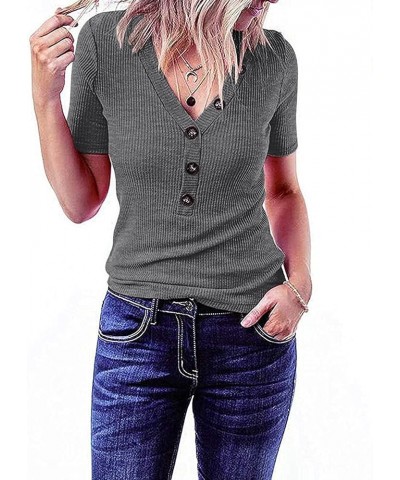 Women's Short Sleeve V Neck Ribbed Button Tops Basic Solid Color Tee Shirts Grey $17.91 T-Shirts